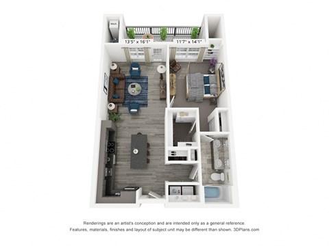 Floor plan for 1 bed, 1 bath, 871 sqft